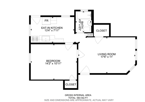 Floor plan for 1 bed, 1 bath, 650 sqft